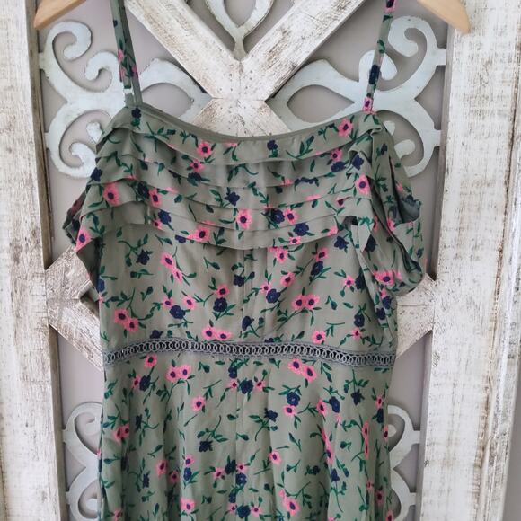 Verte Women's Junior Off Shoulder Fit & Flare Mini Dress in Olive Green Floral - Picture 5 of 11